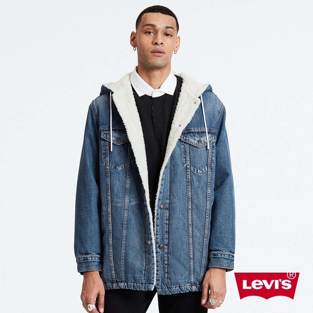 Levis 男款 長版連帽牛仔外套 Sherpa棉花絨