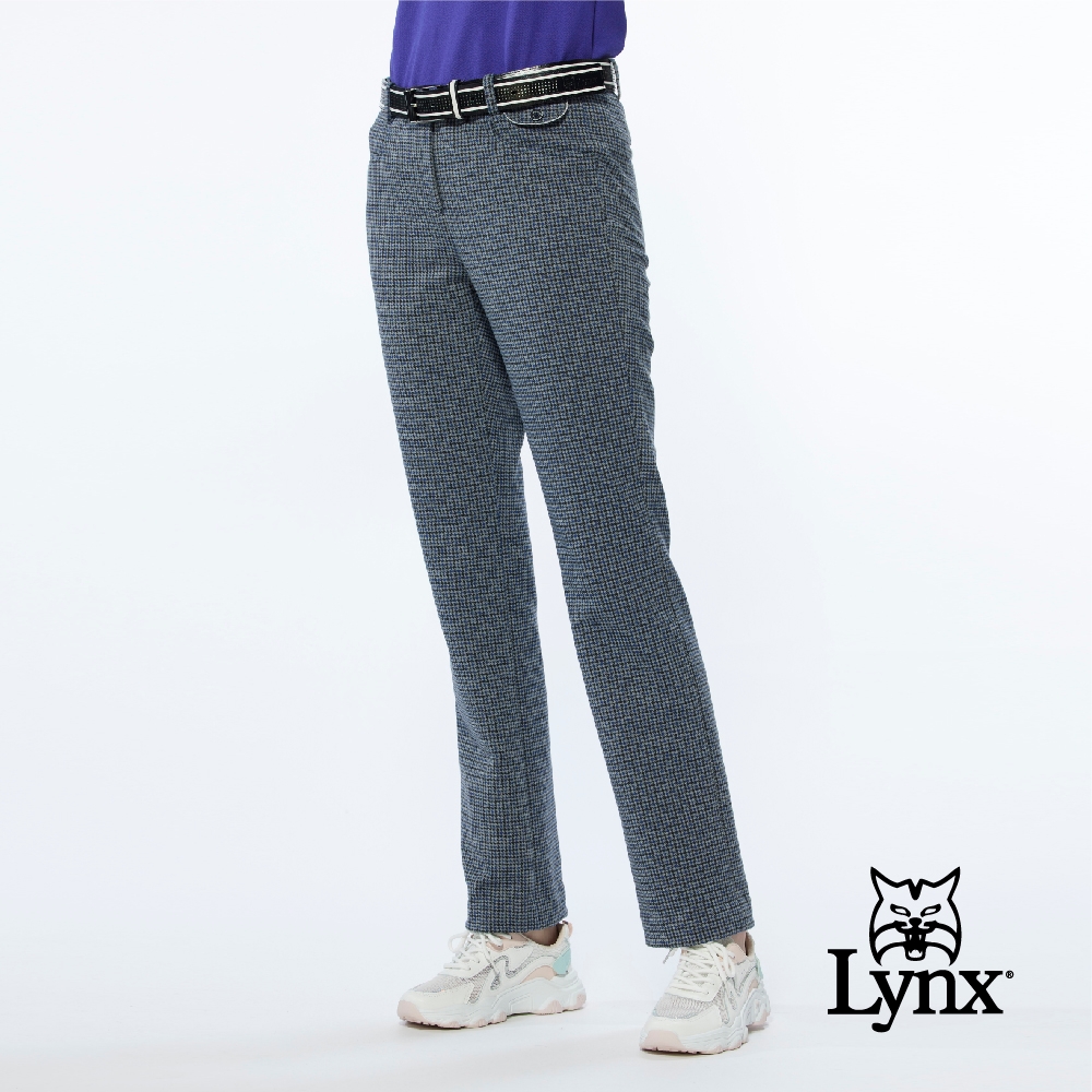 【Lynx Golf】女款日本進口布料溫暖舒適內刷毛材質小千鳥紋路窄管長褲-深藍色