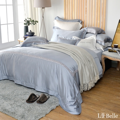 義大利La Belle 法式雅靜 加大天絲蕾絲四件式防蹣抗菌吸濕排汗兩用被床包組(共兩款)-藍灰色