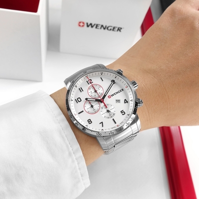 WENGER / Attitude 三眼計時 運動潮流 日期 防水 不鏽鋼手錶-白色/44mm