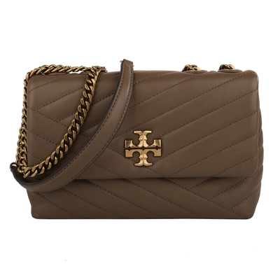 TORY BURCH Kira TB LOGO 縫衍斜紋皮革肩斜背包(卡其褐)