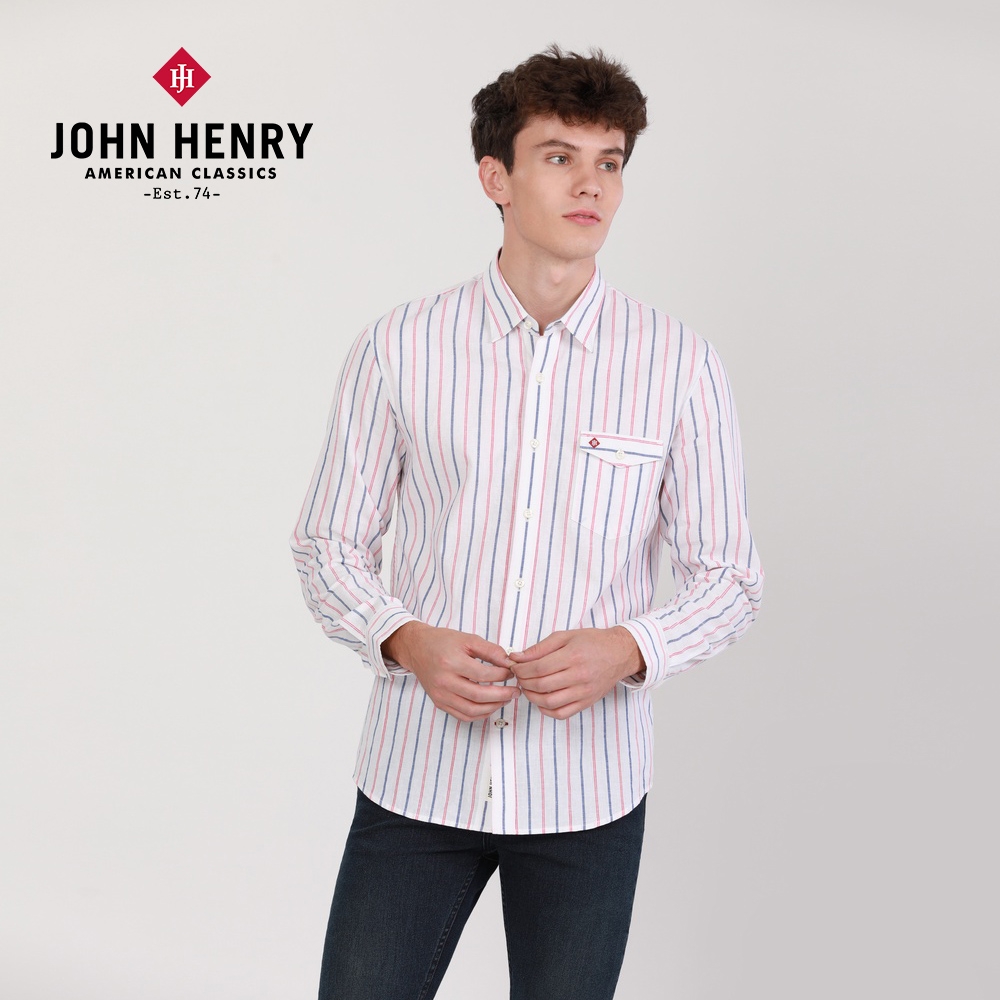 JOHN HENRY 雙色直條長袖襯衫-白