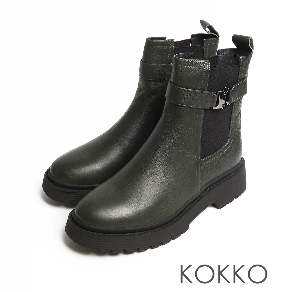 (時尚美靴)KOKKO舒適圓頭真皮切爾西厚底溫暖短靴綠色