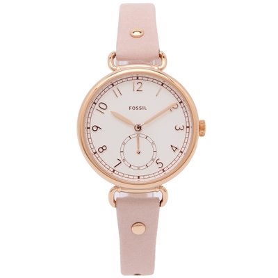 FOSSIL 優雅小秒針盤款式皮革錶帶手錶(ES4882)-銀白面X粉色/34mm