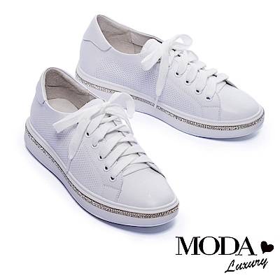 休閒鞋 MODA Luxury 街頭率性綁帶沖孔全真皮厚底休閒鞋－白