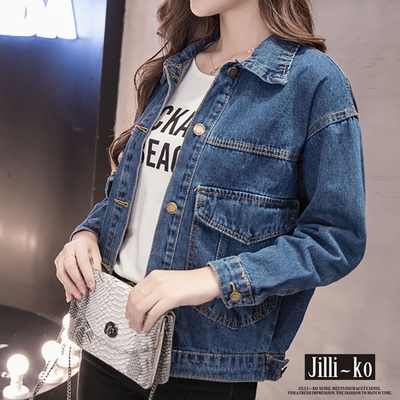 JILLI-KO 韓版個性BF寬鬆口袋開扣牛仔外套丹寧- 藍色