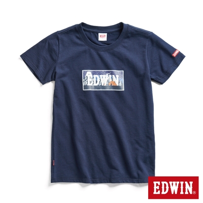 EDWIN 露營系列 富士山腳營地LOGO印花短袖T恤-女-丈青色