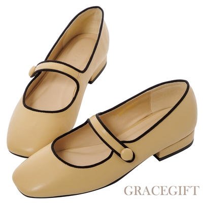 【Grace Gift】小千金線條低跟瑪莉珍鞋 卡其