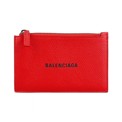 BALENCIAGA經典印字LOGO荔枝紋小牛皮5卡拉鍊卡夾(紅)