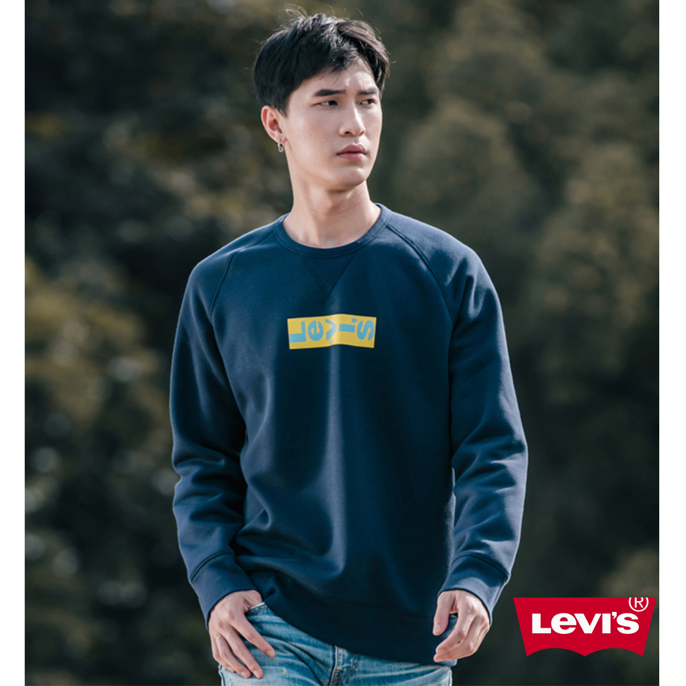 Levis 男款 大學T 經典Box logo 內刷毛 海軍藍