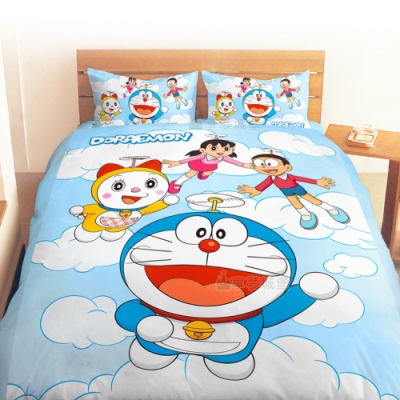 享夢城堡 雙人床包涼被四件組-哆啦A夢DORAEMON 飛向天空-藍