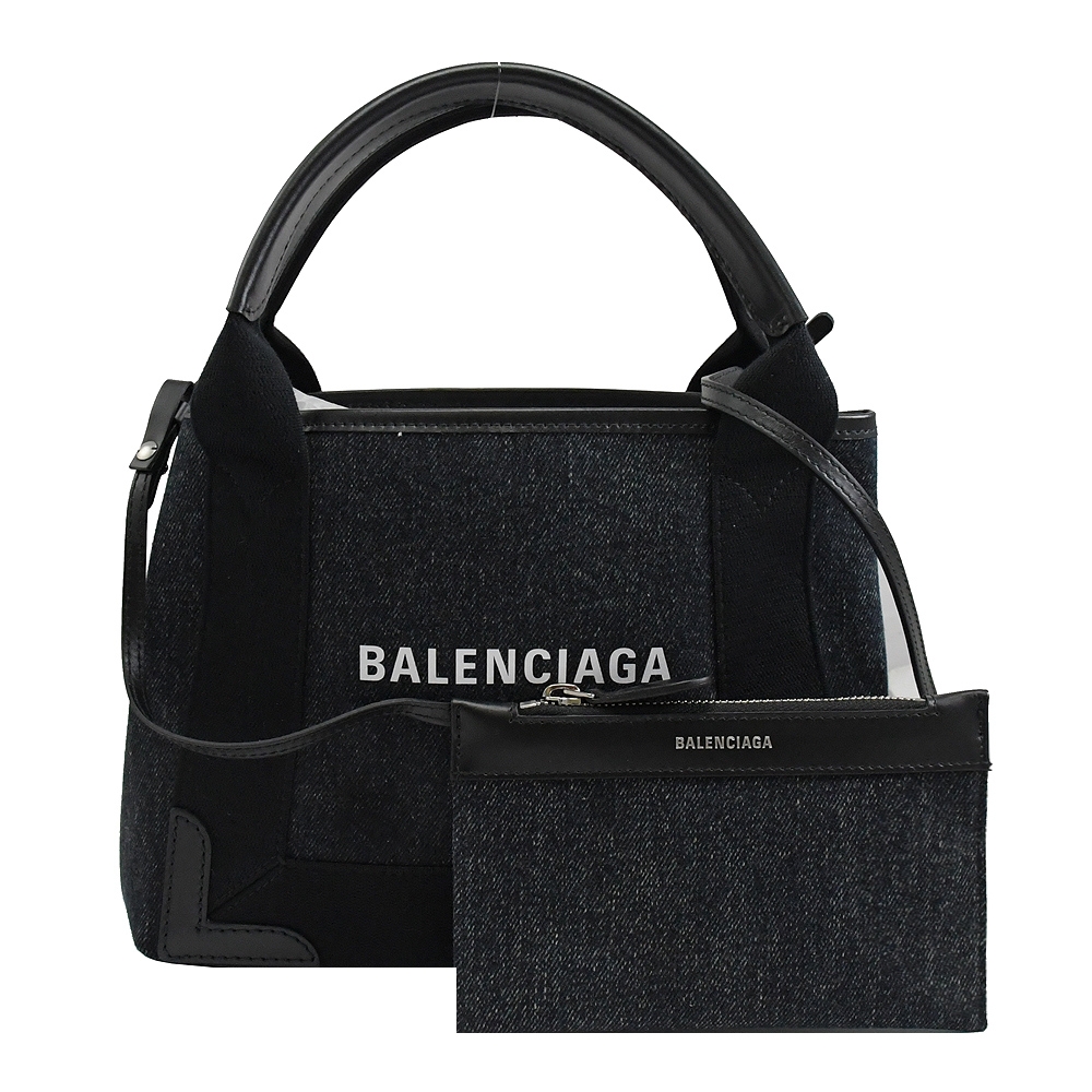 BALENCIAGA NAVY CABAS簡約款單寧帆布兩用手提包(xs/黑邊)