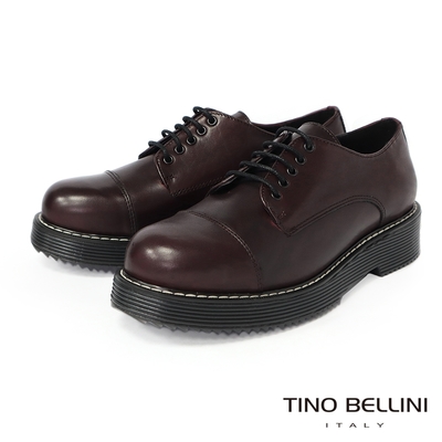 Tino Bellini 歐洲進口英倫風範牛皮圓頭厚底綁帶鞋-酒紅