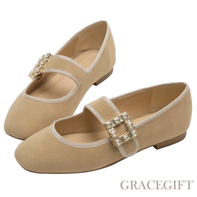 【Grace Gift】璀璨女伶平底瑪莉珍鞋 淺駝