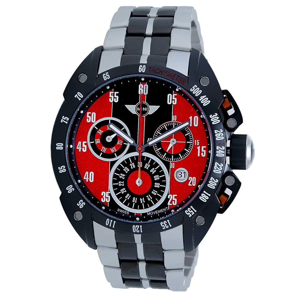 MINI Swiss Watches 石英錶 47mm 紅黑三眼錶面 不銹鋼錶帶
