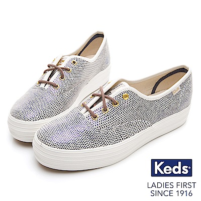 Keds TRIPLE 普普圓點皮革綁帶厚底休閒鞋-藍色