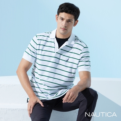 Nautica 男裝 吸濕排汗跳色條紋短袖POLO衫-白色