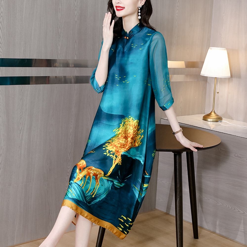 玩美衣櫃中式復古藍綠山水印花七分袖旗袍洋裝M-2XL-REKO