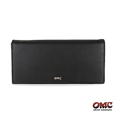 OMC 進口小牛皮-素面二折式12卡透明窗零錢長夾-黑色