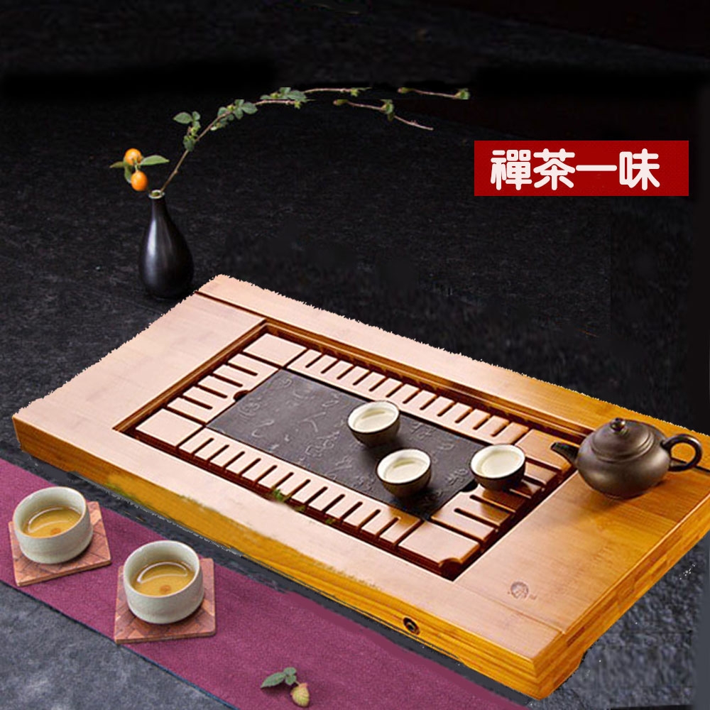 【古緣居】天然烏金石板 孟宗竹制茶盤 (禪茶一味)