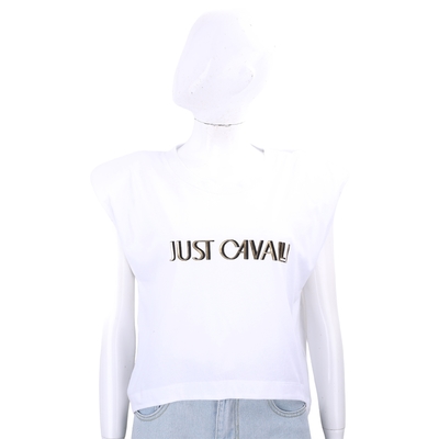 Just cavalli 皮革感字母貼飾印花白色墊肩造型棉短袖TEE T恤