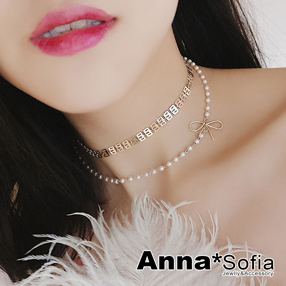 AnnaSofia 金耀目字鍊珠線結 雙層項鍊鎖骨鍊頸鍊CHOKER