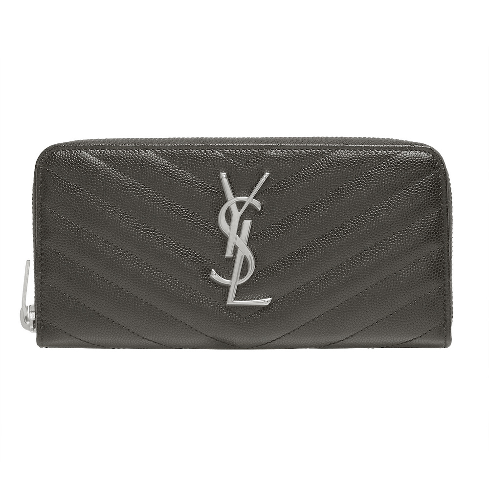 YSL MONOGRAM系列V字縫線魚子醬牛皮銀色LOGO拉鍊手拿長夾(深灰)