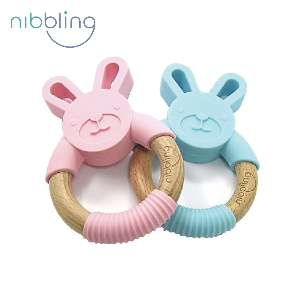 【Nibbling】矽膠可咬動物造型櫸木手握環森林好朋友固齒器-兔兔