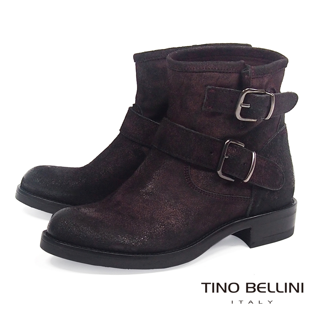 Tino Bellini義大利進口啞光麂皮雙釦帶低跟短靴_咖紅