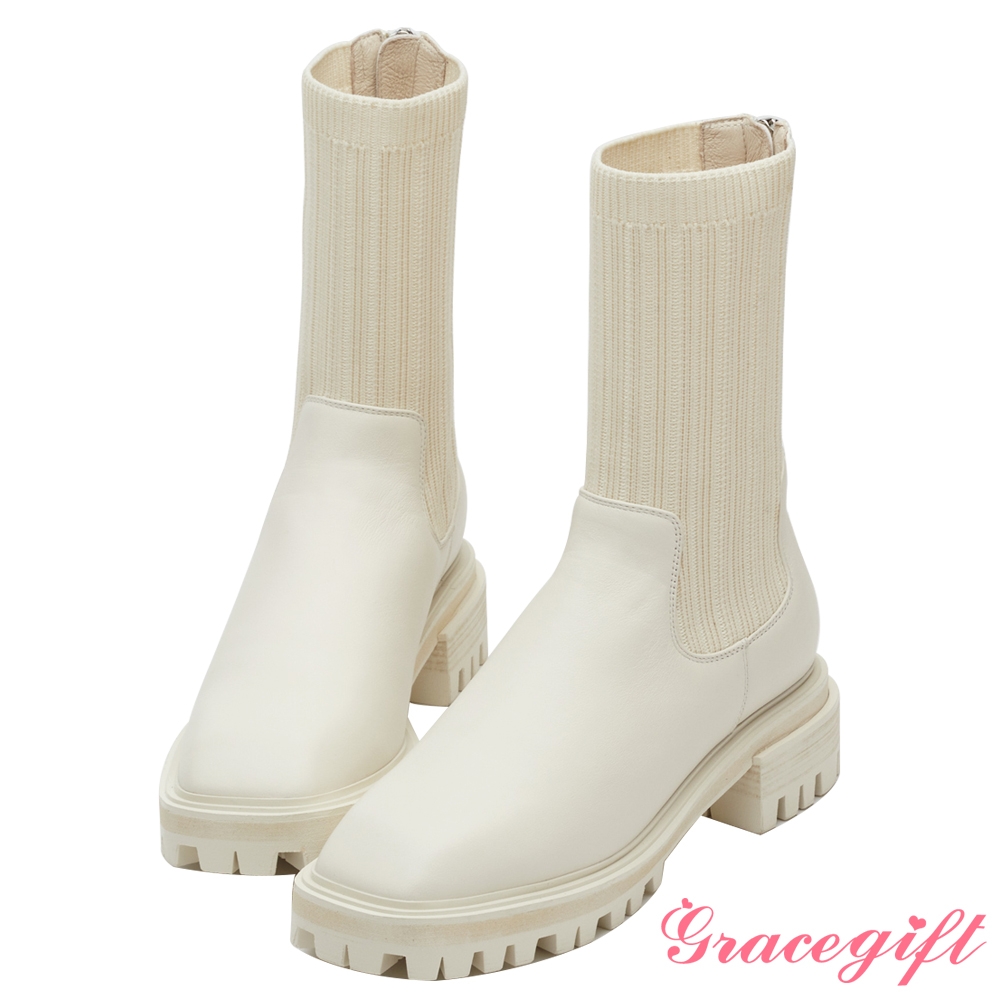 (時尚美靴)【Grace Gift】唐葳訂製-真皮方頭鋸齒厚底針織襪靴 白