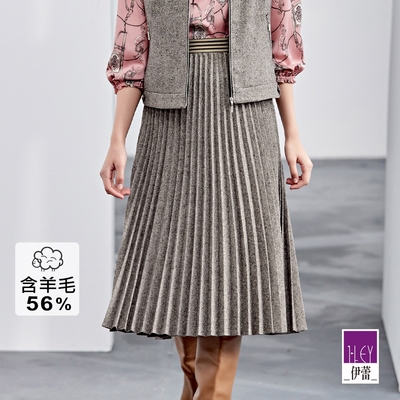 ILEY伊蕾 甜美優雅造型織帶鬆緊羊毛壓摺裙(深咖色；M-XL)1224012260