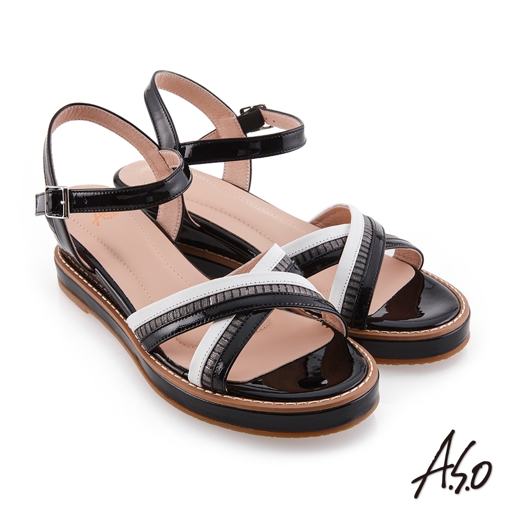 A.S.O 時尚流行 亮眼魅力鏡面羊皮底台涼鞋-黑