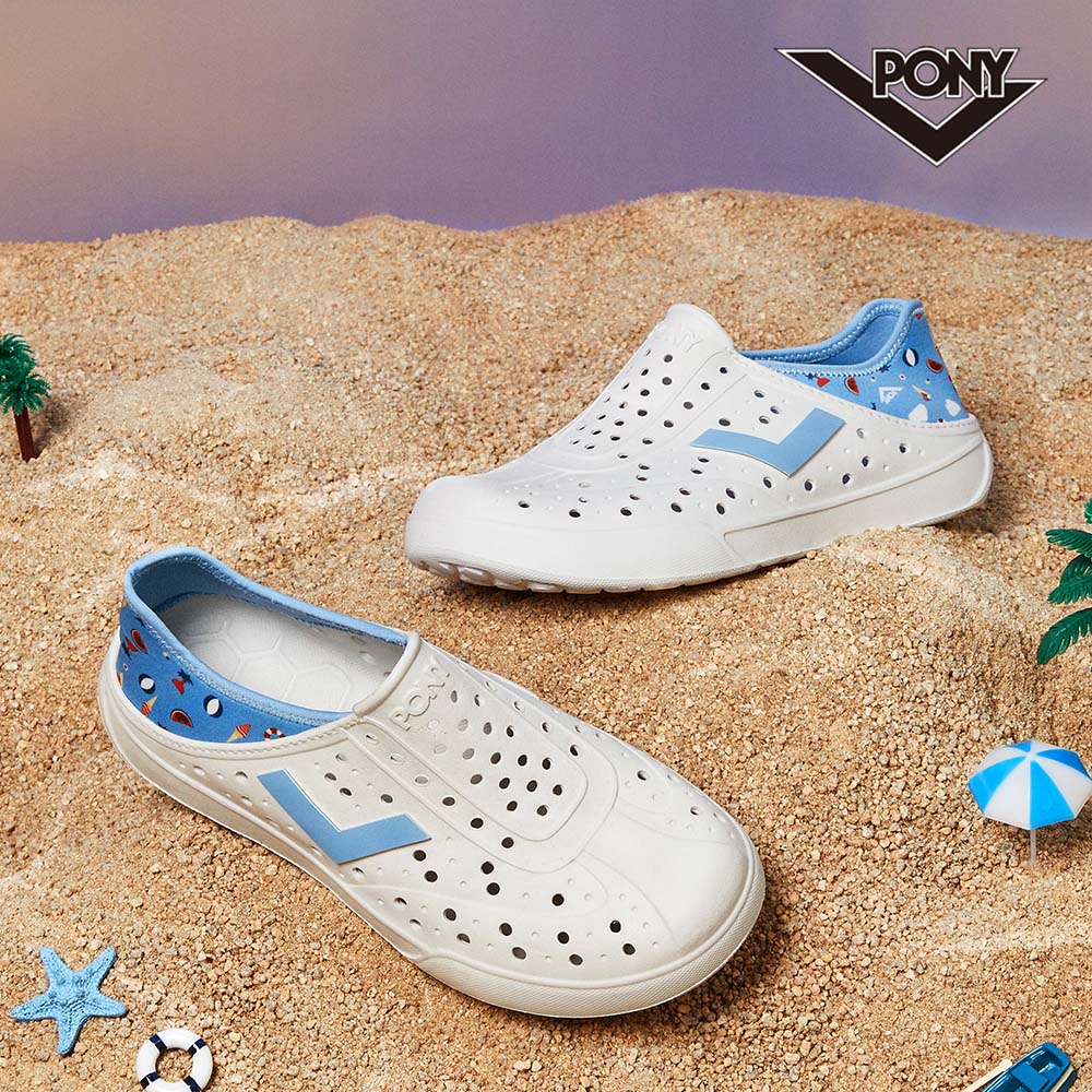 【PONY】ENJOY踩後跟洞洞鞋  晴雨鞋 防水水鞋 熱帶遊樂園 中性款-藍