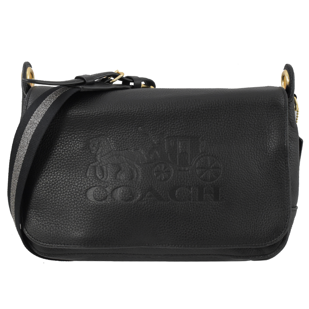 COACH 復古烙印大馬車LOGO牛皮翻蓋斜背包(黑/大)