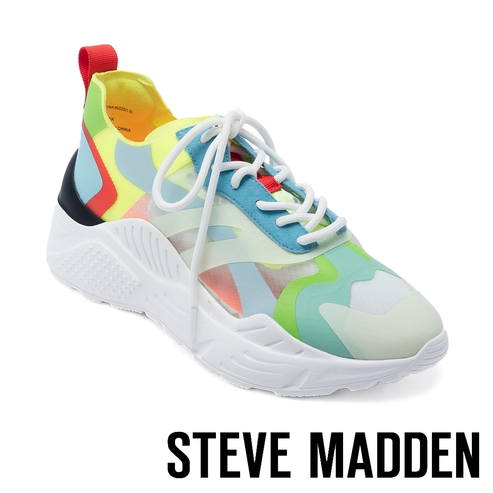 STEVE MADDEN-ASHEN 多彩視覺玩色半透明平底增高休閒鞋-撞色藍