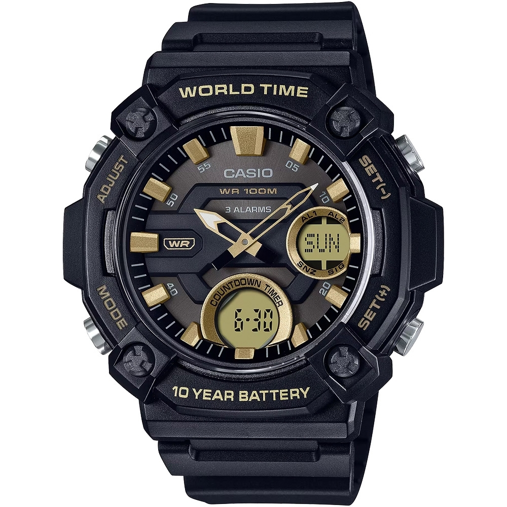 CASIO 卡西歐 10年電力 冒險精神 計時雙顯錶 送禮首選-黑 AEQ-120W-9A