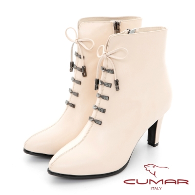 【CUMAR】小圓尖鑽飾綁帶高跟短靴-米白