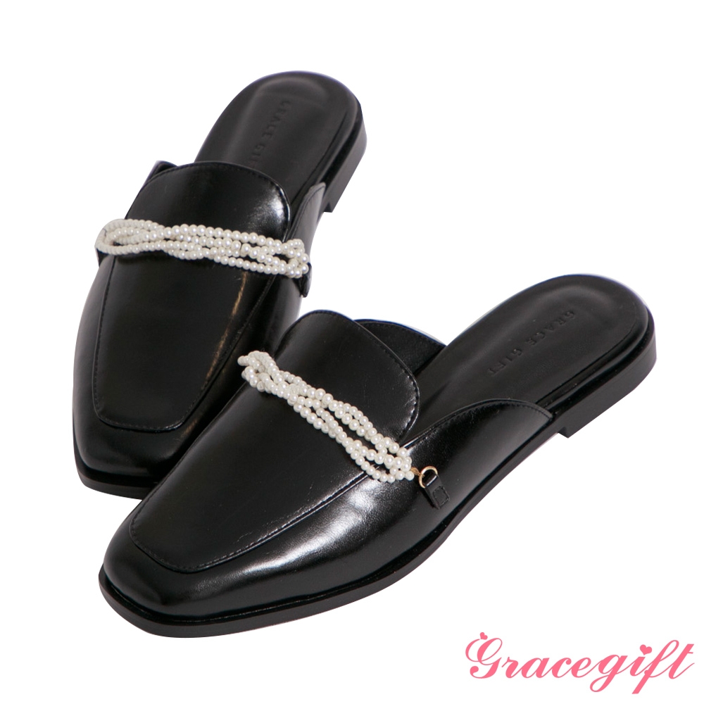 【Grace Gift】珍珠飾鍊低跟穆勒鞋 黑