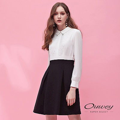 OUWEY歐薇 愛心水溶蕾絲裝飾袖型剪接雙層網布撞色洋裝(白)