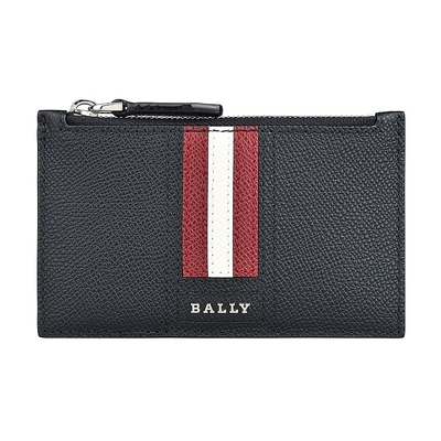 BALLY TENLEY銀字字母LOGO條紋設計防刮牛皮4卡拉鍊卡夾(黑x紅白紅條紋)