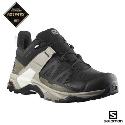 官方直營 Salomon 男 X ULTRA 4 Goretex 低筒登山鞋 野跑鞋 黑/復古卡其/香草白