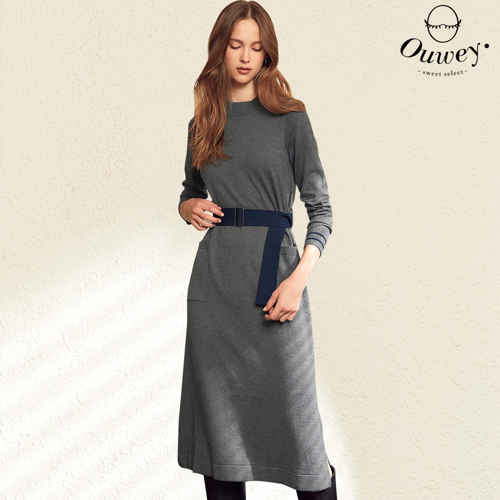 OUWEY歐薇 簡約大口袋半立領造型針織洋裝(灰色；S-L)3224195812