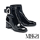 短靴 MISS 21 復古時髦扭曲大釦牛漆皮方頭高跟短靴－黑 product thumbnail 1