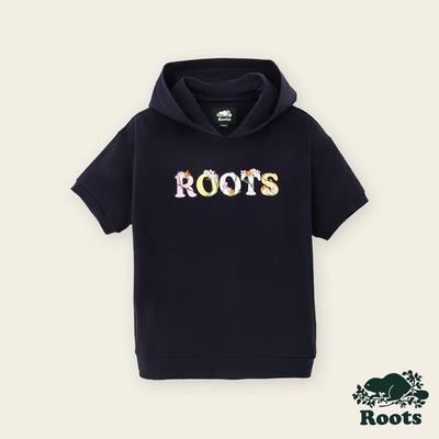 Roots女裝-繽紛花卉系列 刺繡花卉文字連帽上衣-軍藍色