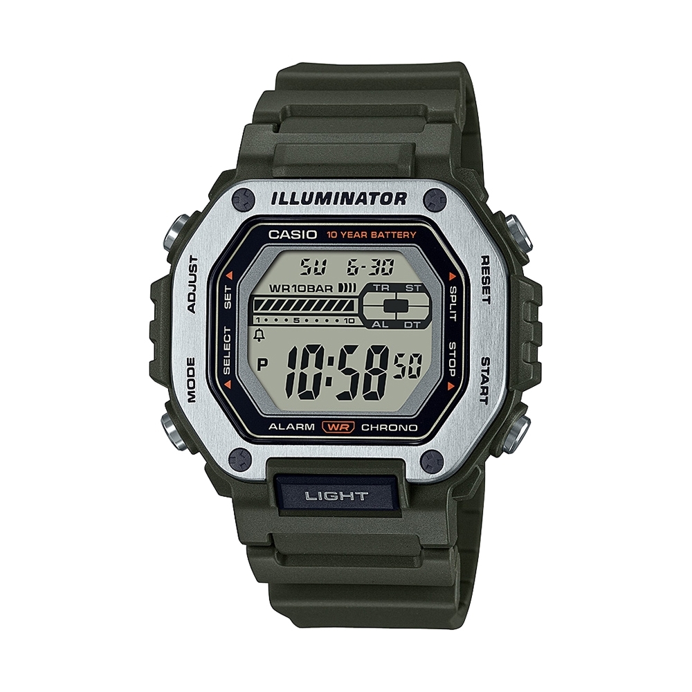 CASIO 10年電力系列稜角分明金屬錶圈設計休閒錶-綠(MWD-110H-3A)/50.8mm