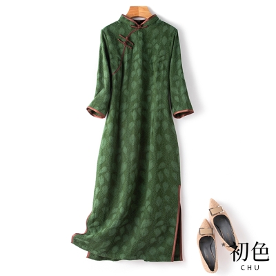初色 棉麻風復古旗袍碎花印花收腰顯瘦連身裙洋裝-綠色-32948(M-2XL可選)