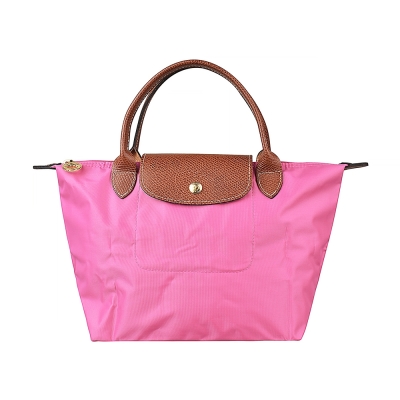 二手品LONGCHAMP LE PLIAGE系列奔馬壓紋LOGO尼龍摺疊短把拉鍊手提水餃包(小/牡丹粉紅)