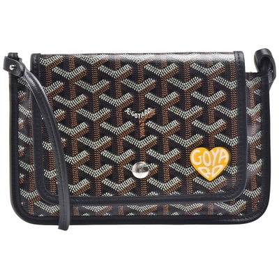 GOYARD Plumet系列防水帆布LOGO牛皮飾邊手拿/斜背包(黑色/黃愛心)