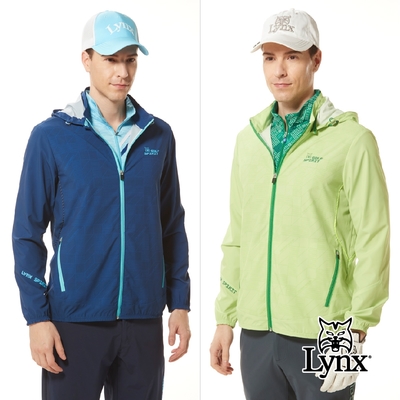 【Lynx Golf】男款防潑水四面彈性壓光印反光出芽繩造型拉鍊口袋連帽可拆式長袖外套(二色)