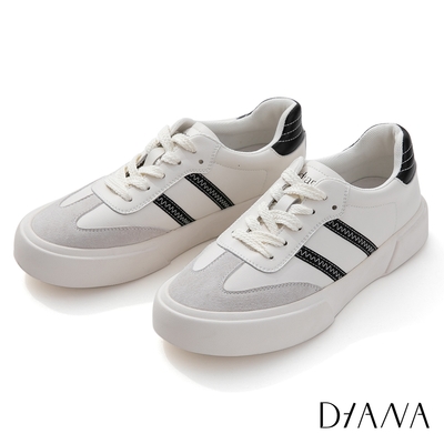 DIANA 3.5 cm質感牛皮經典側邊雙線條運動輕量休閒鞋-黑X白